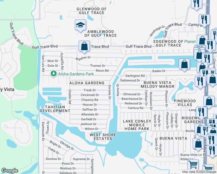 map of restaurants, bars, coffee shops, grocery stores, and more near 3543 Umber Road in Holiday