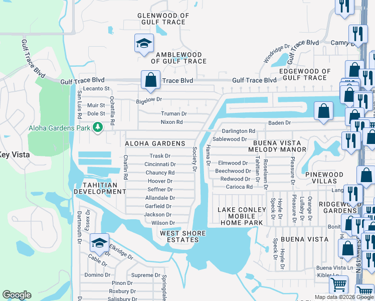 map of restaurants, bars, coffee shops, grocery stores, and more near 3543 Umber Road in Holiday