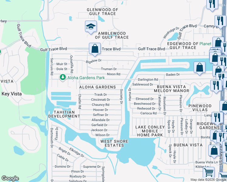 map of restaurants, bars, coffee shops, grocery stores, and more near 3543 Umber Road in Holiday