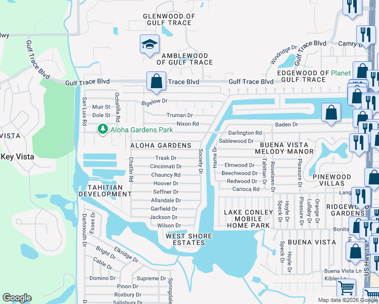 map of restaurants, bars, coffee shops, grocery stores, and more near 3536 Umber Road in Holiday