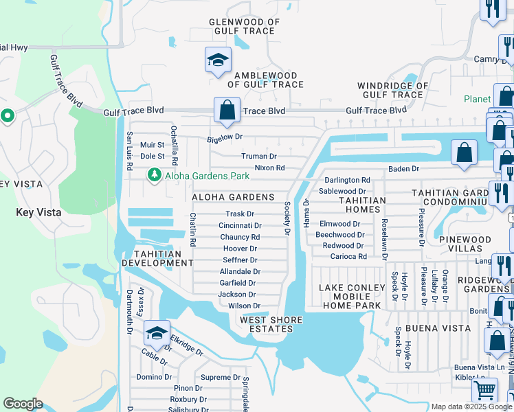 map of restaurants, bars, coffee shops, grocery stores, and more near 3506 Umber Road in Holiday