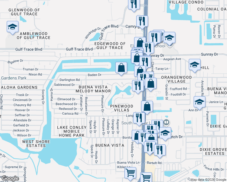 map of restaurants, bars, coffee shops, grocery stores, and more near 4345 Tahitian Gardens Circle in Holiday