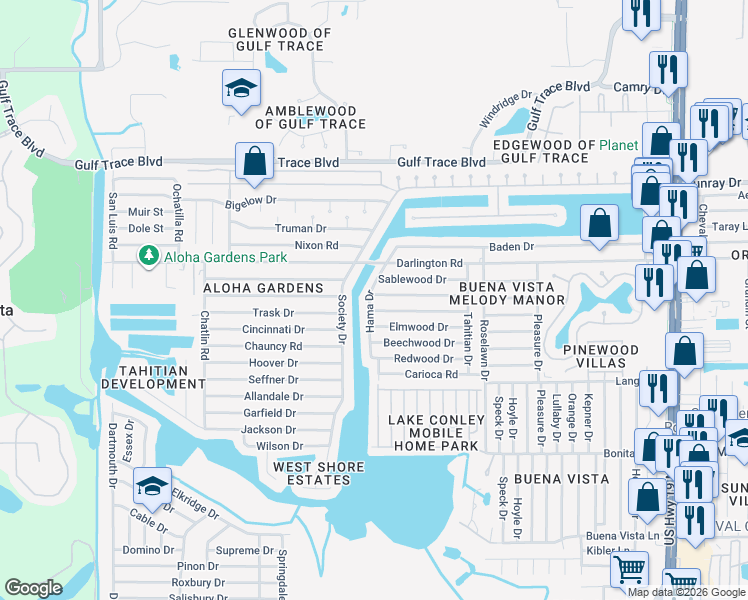 map of restaurants, bars, coffee shops, grocery stores, and more near 3704 Cedarwood Drive in Holiday