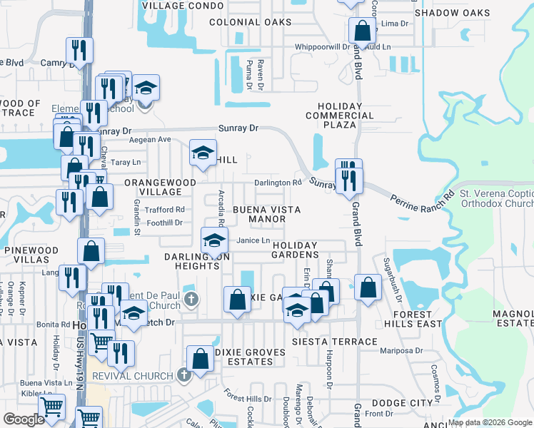 map of restaurants, bars, coffee shops, grocery stores, and more near in Holiday