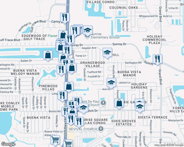 map of restaurants, bars, coffee shops, grocery stores, and more near 4736 Trafford Road in Holiday