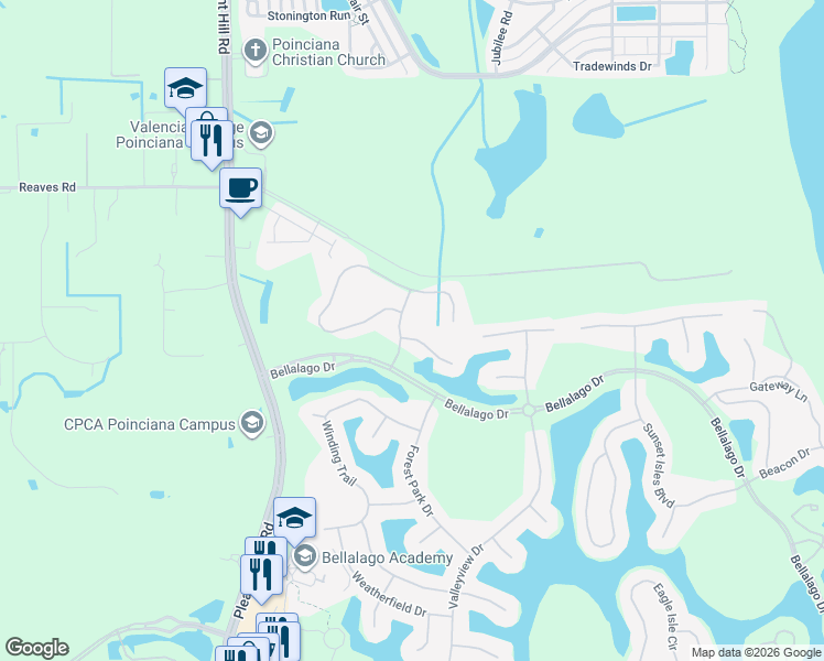 map of restaurants, bars, coffee shops, grocery stores, and more near 3261 Agostino Terrace in Kissimmee