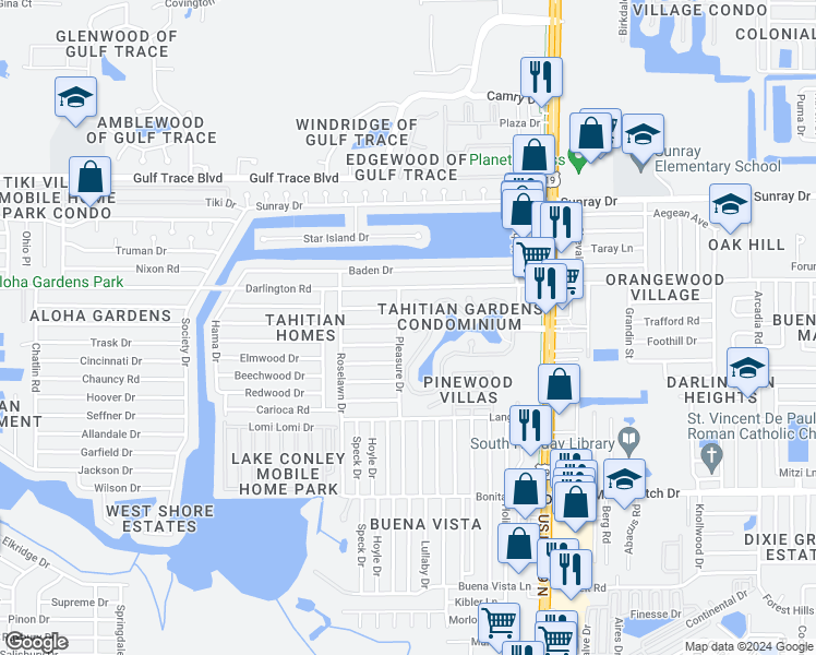 map of restaurants, bars, coffee shops, grocery stores, and more near 4115 Scarlet Maple Drive in Holiday