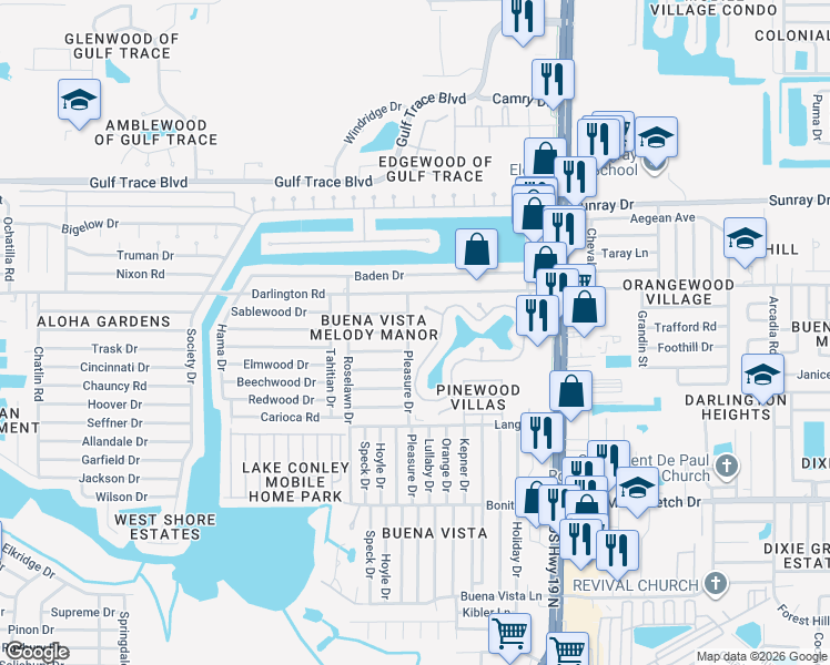 map of restaurants, bars, coffee shops, grocery stores, and more near 4345 Tahitian Gardens Circle in Holiday