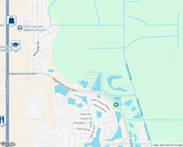 map of restaurants, bars, coffee shops, grocery stores, and more near Ridgewood Lakes Boulevard in Davenport