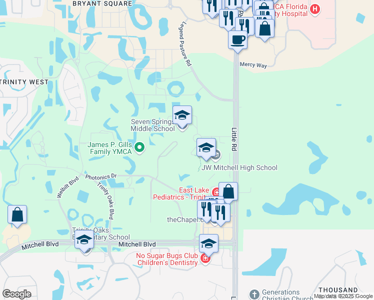 map of restaurants, bars, coffee shops, grocery stores, and more near 2441 Little Road in Trinity