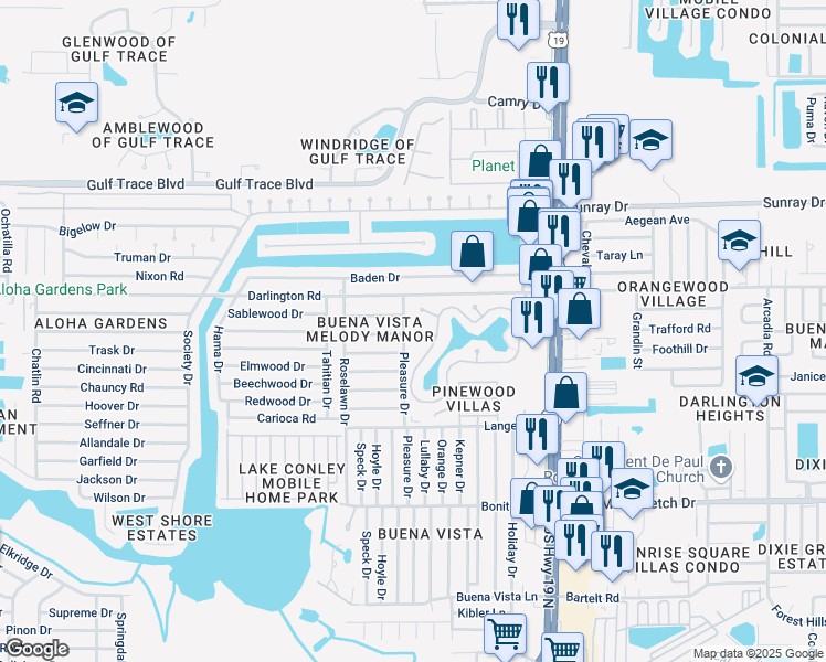 map of restaurants, bars, coffee shops, grocery stores, and more near 4345 Tahitian Gardens Circle in Holiday