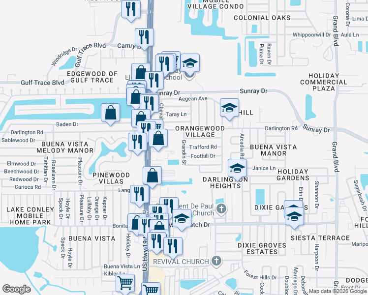 map of restaurants, bars, coffee shops, grocery stores, and more near Grandin Street in Holiday