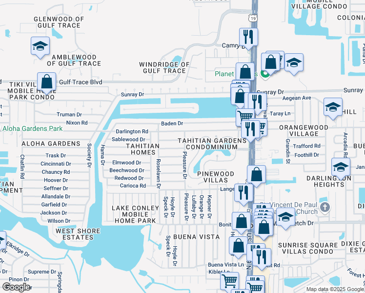 map of restaurants, bars, coffee shops, grocery stores, and more near 4115 Scarlet Maple Drive in Holiday