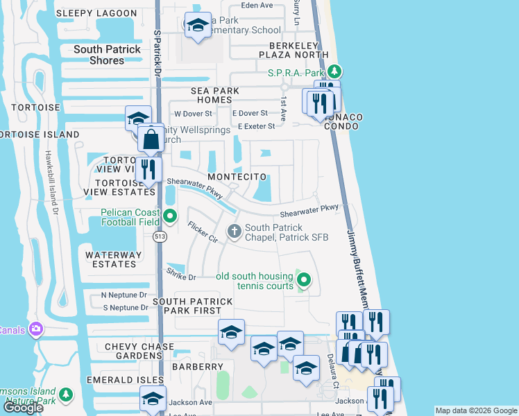map of restaurants, bars, coffee shops, grocery stores, and more near 133 Montecito Drive in Satellite Beach