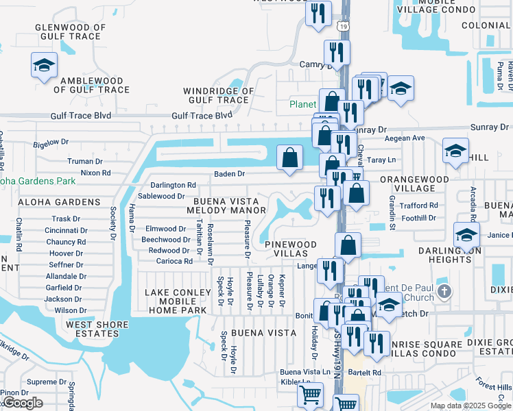 map of restaurants, bars, coffee shops, grocery stores, and more near 4115 Scarlet Maple Drive in Holiday