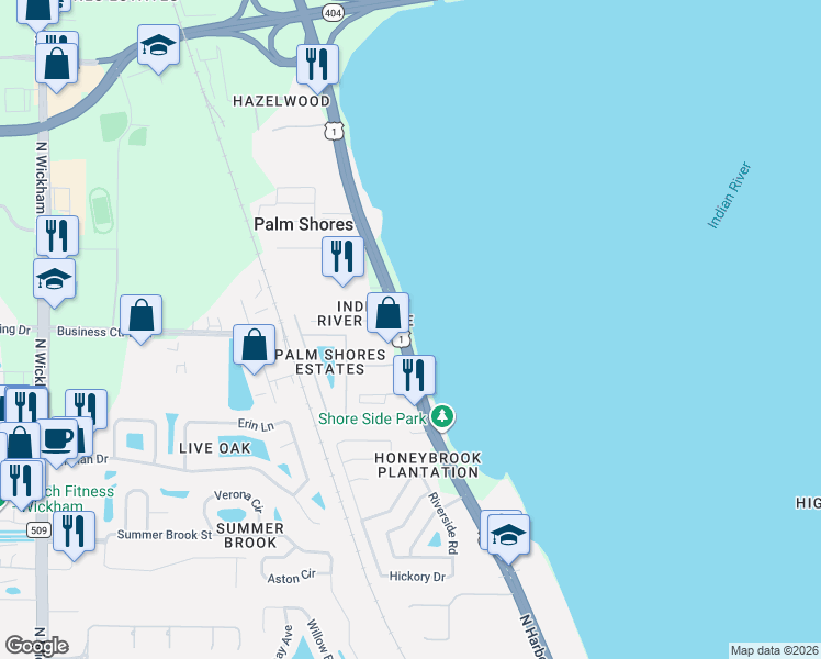 map of restaurants, bars, coffee shops, grocery stores, and more near 5205 North US Highway 1 in Palm Shores