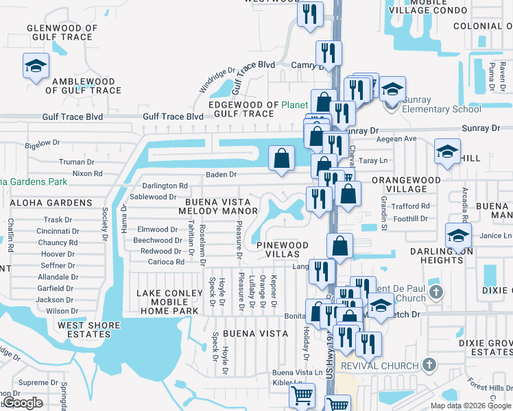 map of restaurants, bars, coffee shops, grocery stores, and more near 4345 Tahitian Gardens Circle in Holiday