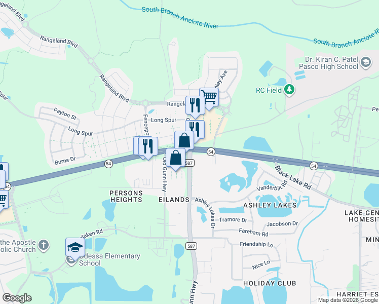 map of restaurants, bars, coffee shops, grocery stores, and more near 2391 Gunn Highway in Odessa