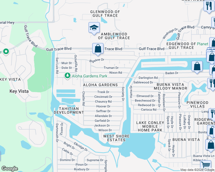 map of restaurants, bars, coffee shops, grocery stores, and more near 3447 Umber Road in Holiday