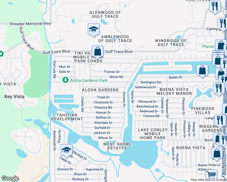 map of restaurants, bars, coffee shops, grocery stores, and more near 3519 Umber Road in Holiday