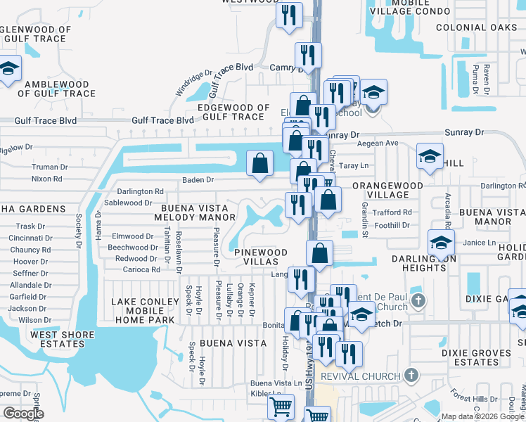 map of restaurants, bars, coffee shops, grocery stores, and more near 4354 Tahitian Gardens Circle in Holiday