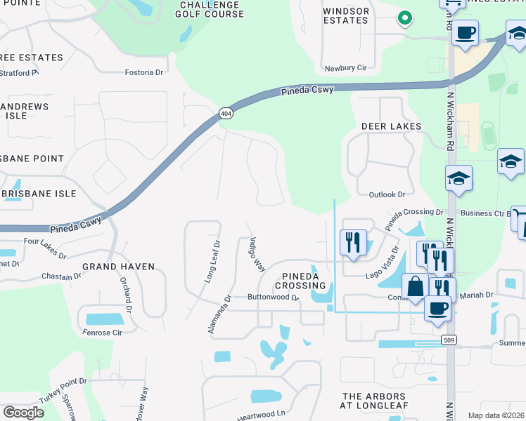map of restaurants, bars, coffee shops, grocery stores, and more near 3496 Peninsula Circle in Melbourne