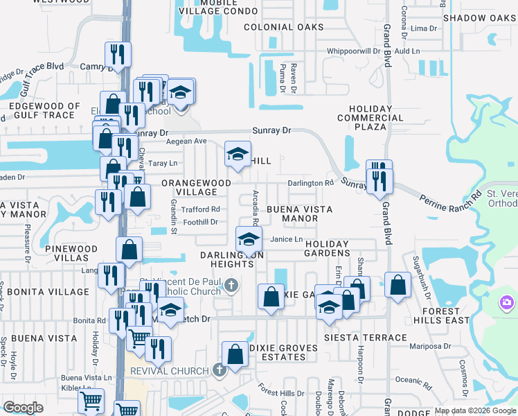 map of restaurants, bars, coffee shops, grocery stores, and more near 2406 Cool Road in Holiday