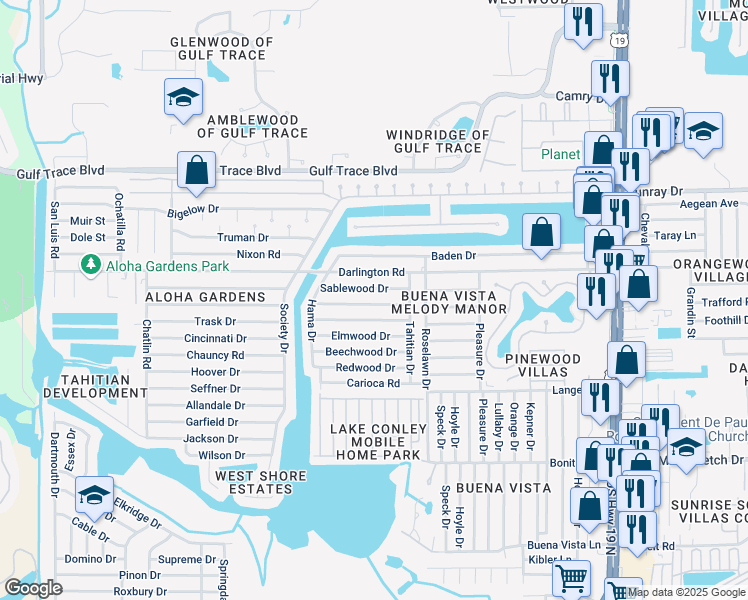 map of restaurants, bars, coffee shops, grocery stores, and more near 3831 Cedarwood Drive in Holiday