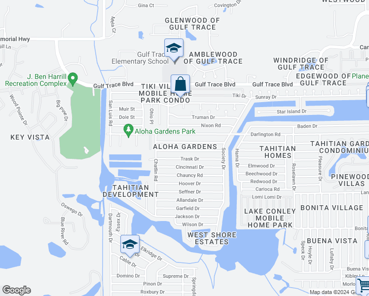 map of restaurants, bars, coffee shops, grocery stores, and more near 3353 Umber Road in Holiday