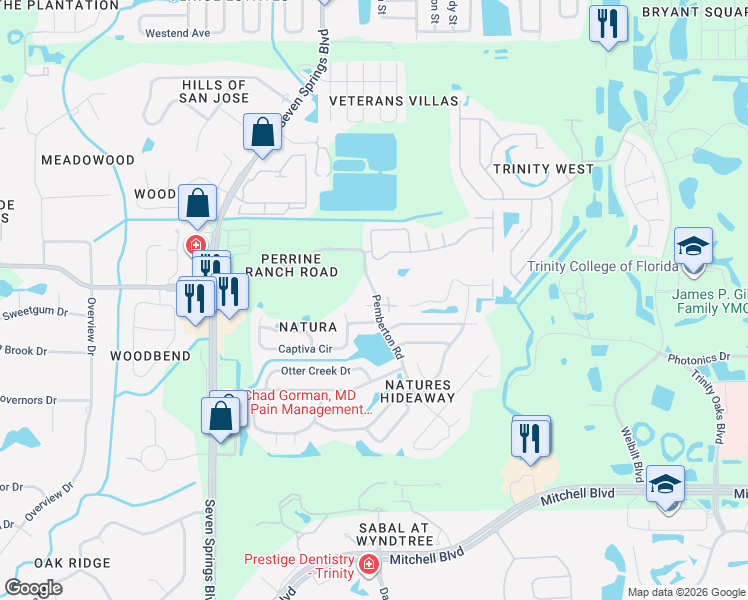 map of restaurants, bars, coffee shops, grocery stores, and more near 2406 Kokomo Way in New Port Richey