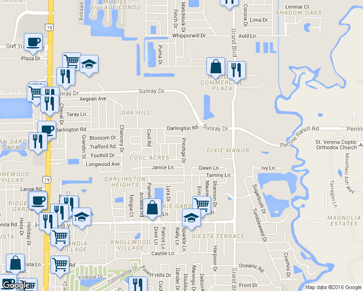 map of restaurants, bars, coffee shops, grocery stores, and more near 2407 Prestige Drive in Holiday