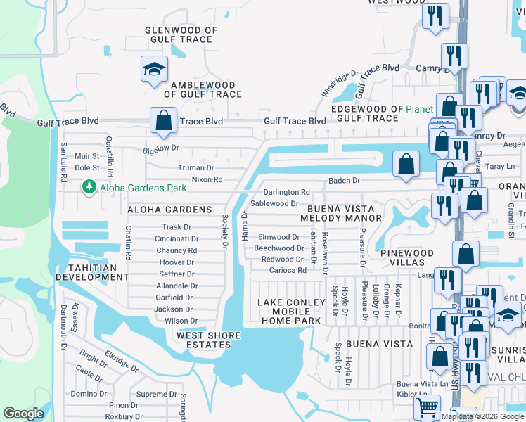 map of restaurants, bars, coffee shops, grocery stores, and more near 3737 Cedarwood Drive in Holiday
