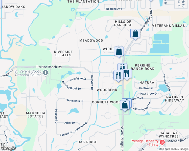 map of restaurants, bars, coffee shops, grocery stores, and more near 2410 Overview Drive in New Port Richey