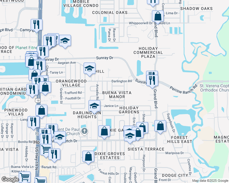 map of restaurants, bars, coffee shops, grocery stores, and more near in Holiday