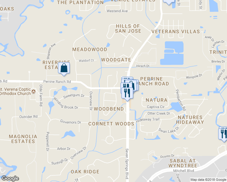 map of restaurants, bars, coffee shops, grocery stores, and more near 2359 Woodbend Circle in New Port Richey