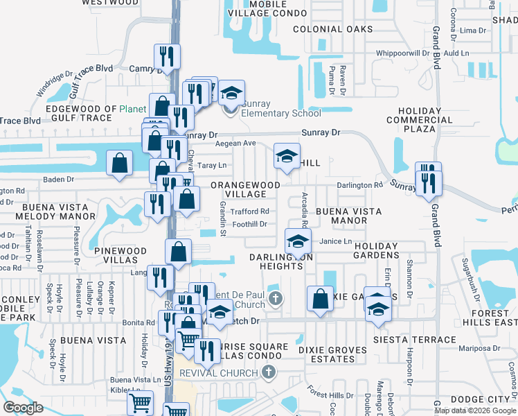 map of restaurants, bars, coffee shops, grocery stores, and more near 4835 Trafford Road in Holiday