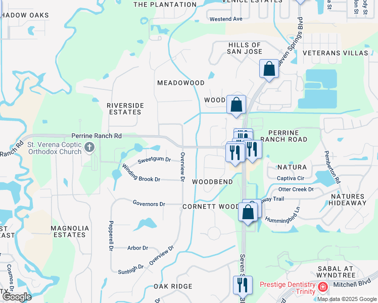 map of restaurants, bars, coffee shops, grocery stores, and more near 2410 Overview Drive in New Port Richey