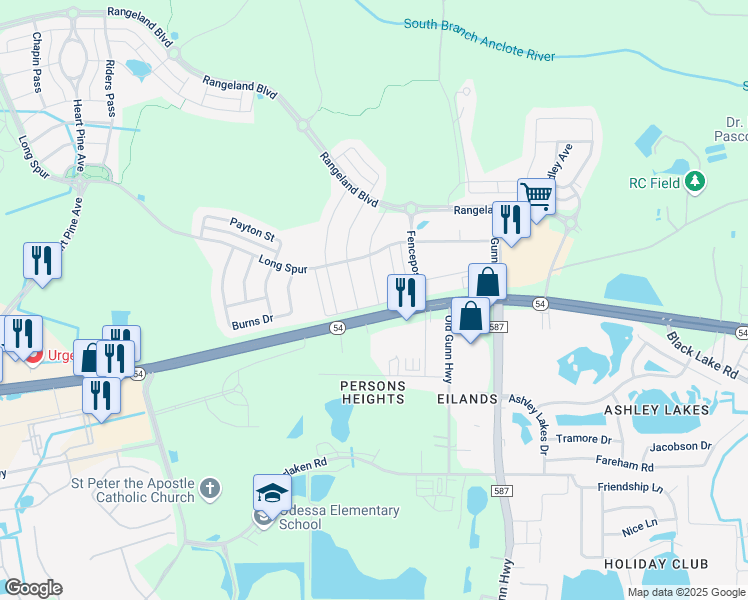 map of restaurants, bars, coffee shops, grocery stores, and more near 2441 Rail Spur in Odessa