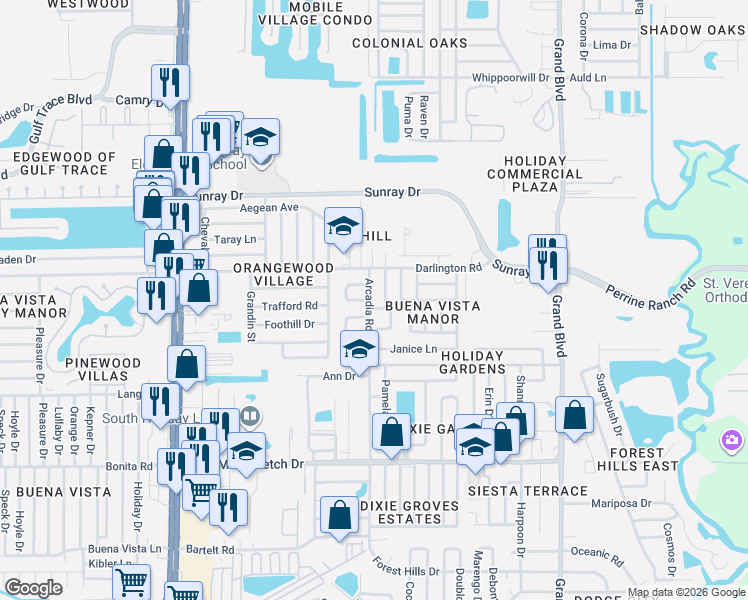 map of restaurants, bars, coffee shops, grocery stores, and more near 2406 Cool Road in Holiday