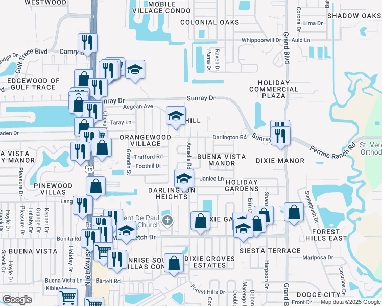 map of restaurants, bars, coffee shops, grocery stores, and more near 2406 Cool Road in Holiday