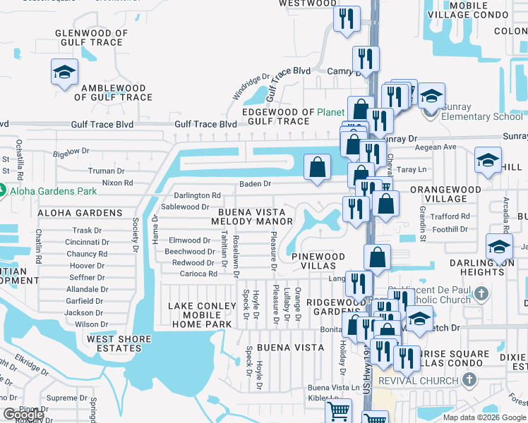 map of restaurants, bars, coffee shops, grocery stores, and more near 4102 Dalwood Drive in Holiday