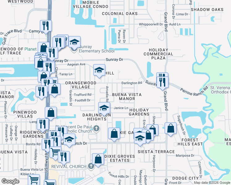 map of restaurants, bars, coffee shops, grocery stores, and more near 2413 Palmwood Drive in Holiday