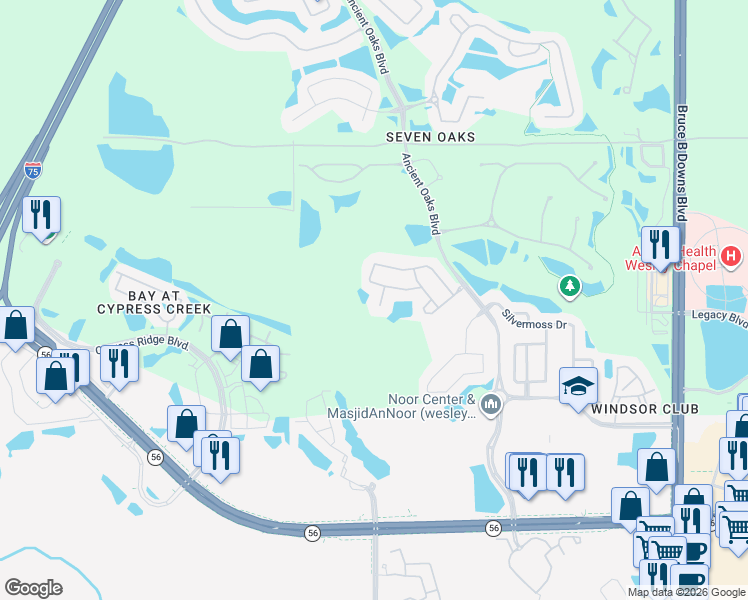 map of restaurants, bars, coffee shops, grocery stores, and more near 2603 Sylvan Ramble Court in Wesley Chapel