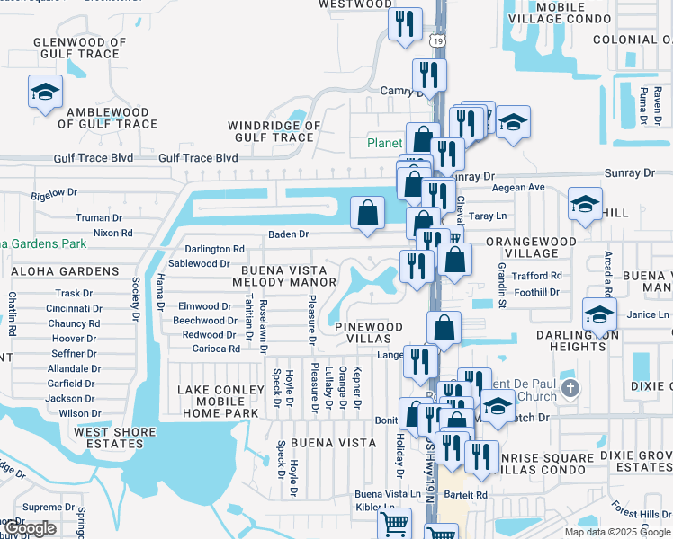 map of restaurants, bars, coffee shops, grocery stores, and more near 4345 Tahitian Gardens Circle in Holiday