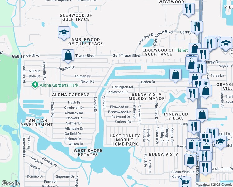 map of restaurants, bars, coffee shops, grocery stores, and more near 3737 Cedarwood Drive in Holiday