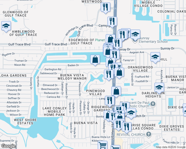 map of restaurants, bars, coffee shops, grocery stores, and more near 4350 Tahitian Gardens Circle in Holiday