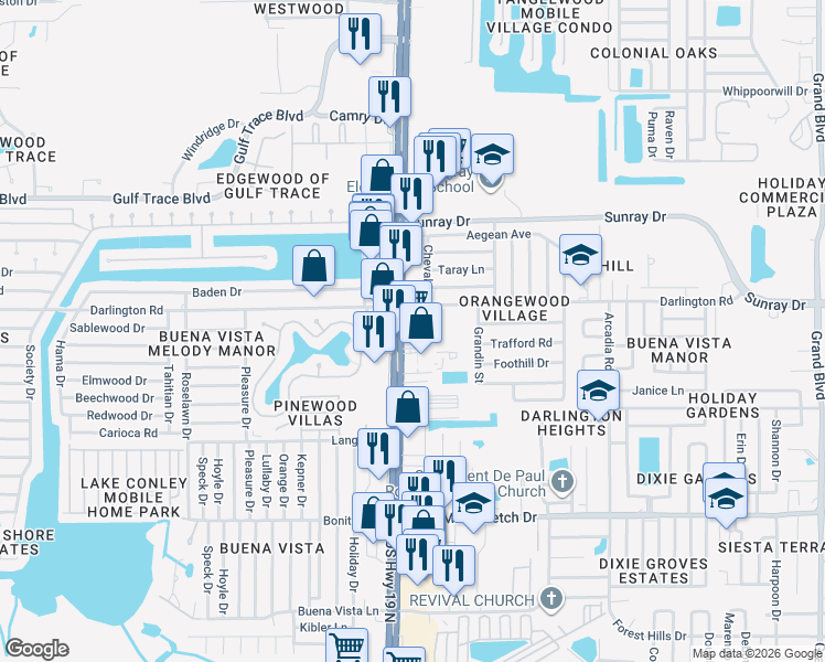 map of restaurants, bars, coffee shops, grocery stores, and more near 2409-2435 Florida 55 in Holiday