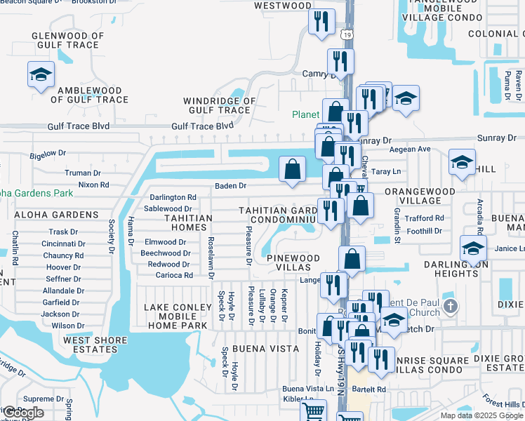 map of restaurants, bars, coffee shops, grocery stores, and more near 4345 Tahitian Gardens Circle in Holiday