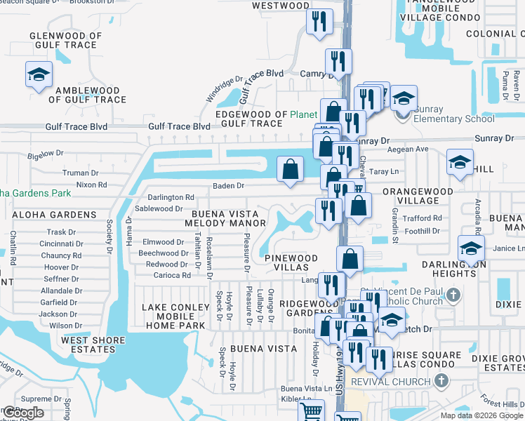 map of restaurants, bars, coffee shops, grocery stores, and more near 4351 Tahitian Gardens Circle in Holiday