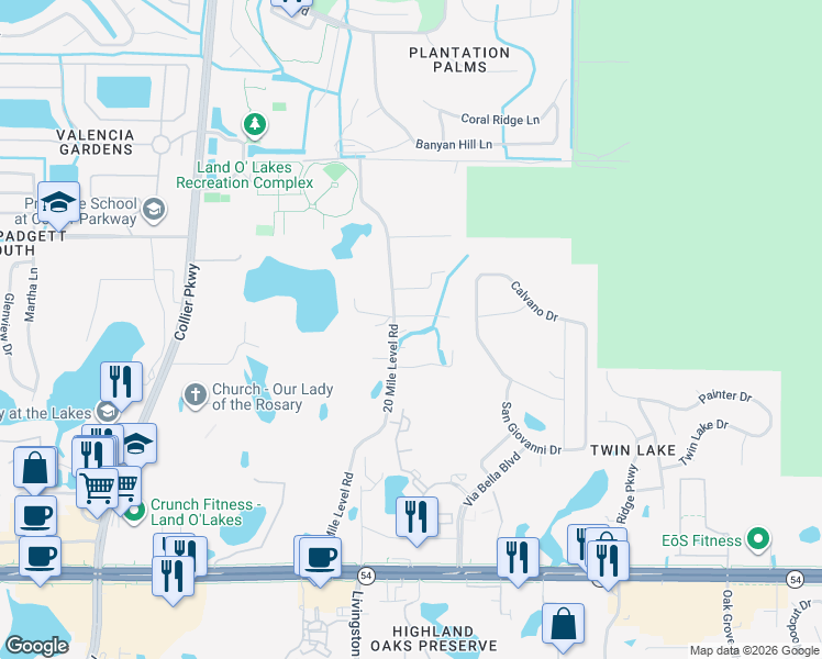 map of restaurants, bars, coffee shops, grocery stores, and more near 23637 Terrell Lane in Land O' Lakes